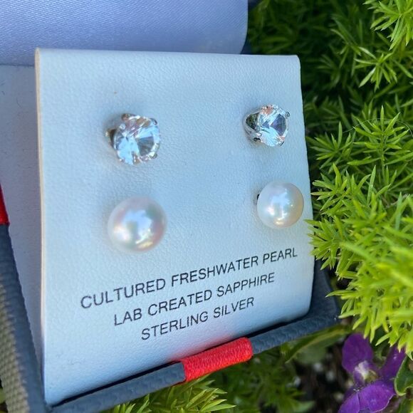 Cultured Freshwater Pearl Lab and Sapphire Earrings in the Sterling Silver - Picture 3 of 9